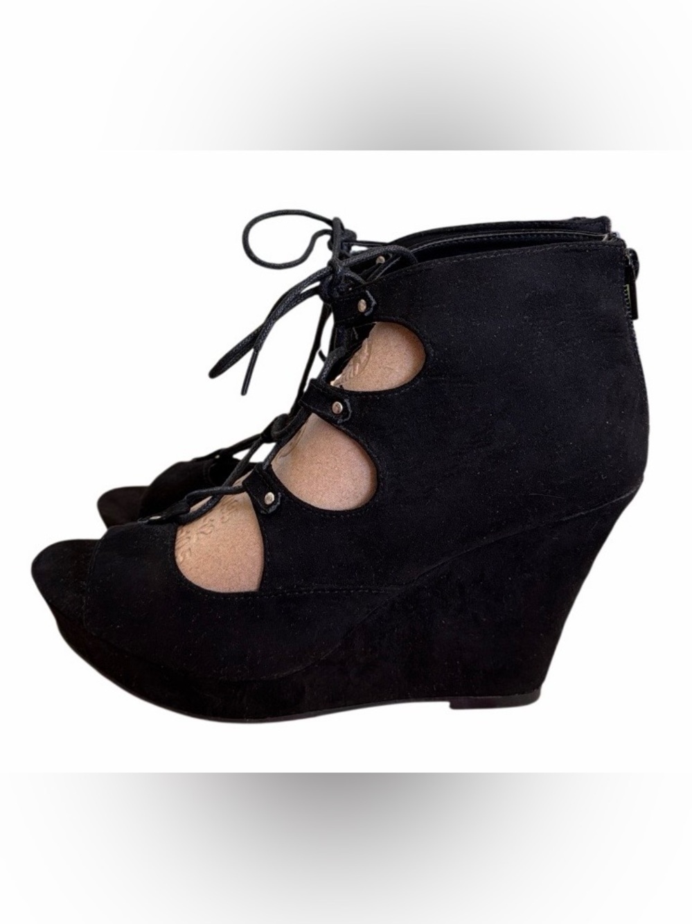 NWT- Sugar Black Suede Lace-Up Peep-Toe Wedges